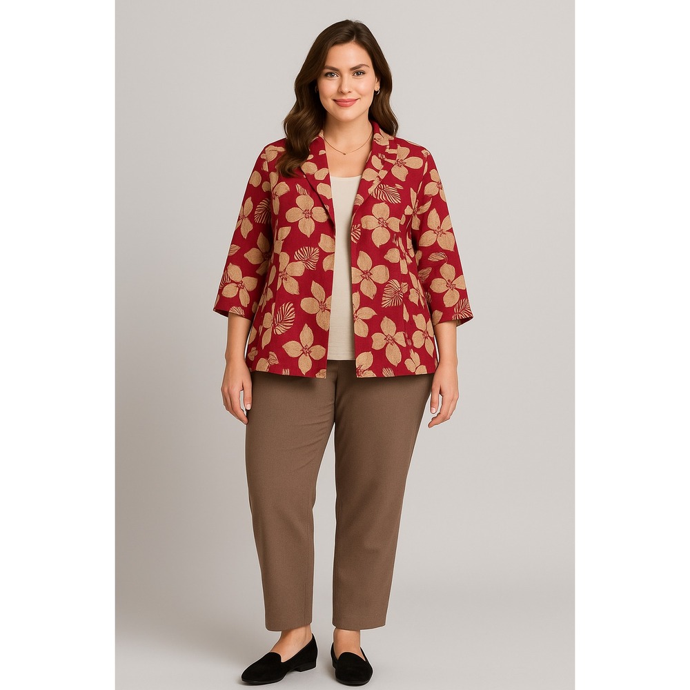 Basic‎ Editions Jacket Womens 2X Linen Brown Pink Floral Resort Cruise Vacay